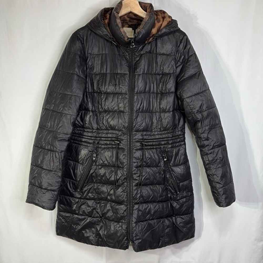♦️ laundry by Shelli Segal black and leopard quilted hooded winter jacket coat: